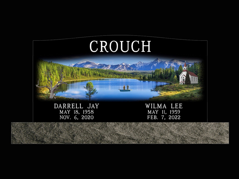 Monument-Crouch black granite monument with picteresque scene of lake and mountains.