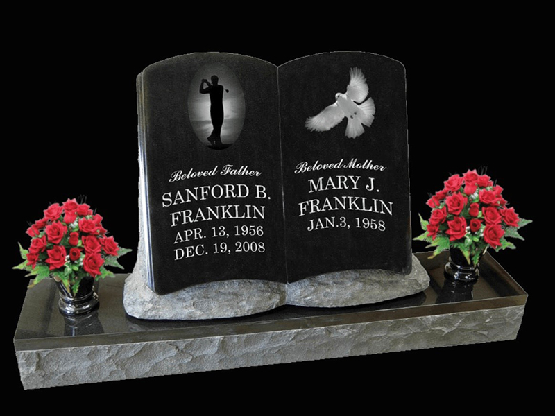 Monument-Franklin-2 black granite monuent in the shape of a book.