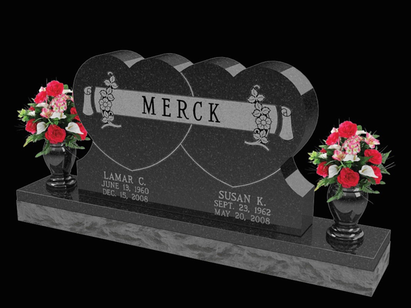 Monument-Merck black granite custom monument with hearts.